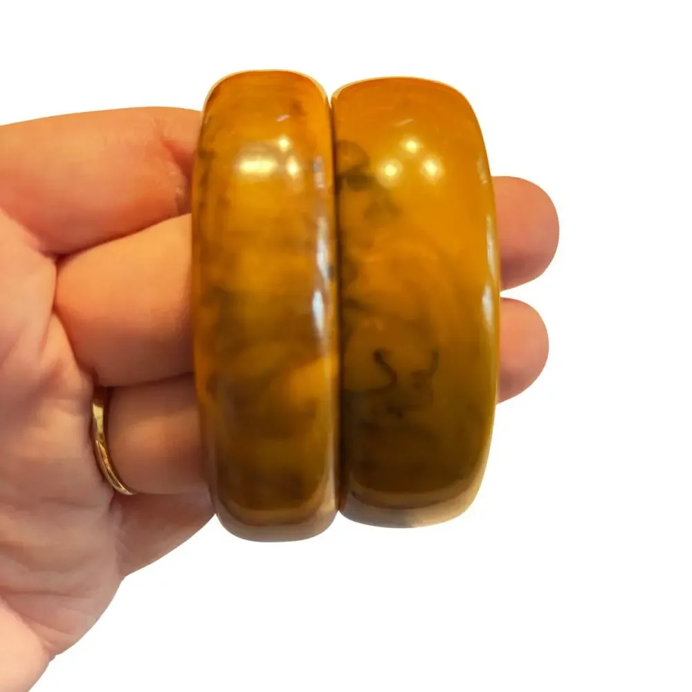 Chunky Vintage Bakelite bracelets (2) swirled caramel & chocolate wide width